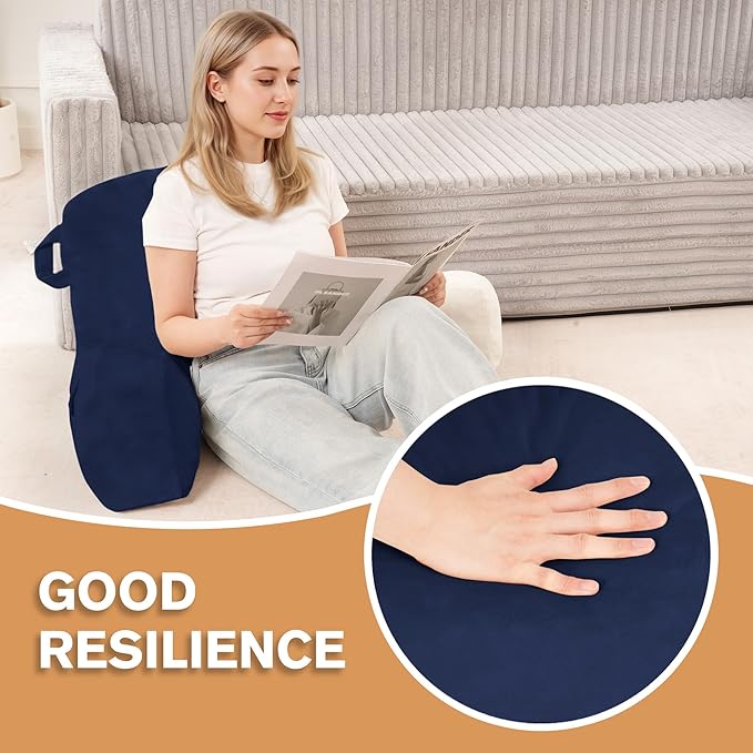 Unisakey Portable Comfy Reading Pillows for Bed Sitting Up(Royal Blue Oeko-Tex), Velvet Back Pillow with Arms & Pockets for Adults, Support Memory Foam Bed Pillow for Dorm/Reading/Watching/Gaming