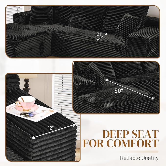 108" Boneless Cloud Sectional Couches for Living Room, Comfy Fluffy L Shaped Memory Foam Deep Seat Boneless Couch, Modular Sectional Sofa with Left Facing Chaise, Black