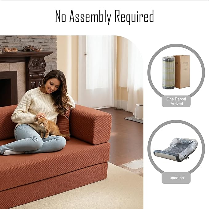 79 Inch Convertible Sofa Bed Couch in Box, 5 in 1 Folding Modular Boneless Couch with Pull Out Bed 2 Pillows, Soft Corduroy Floor Futon Lounge Loveseat Sleeper Lazy Cama No Assembly Orange