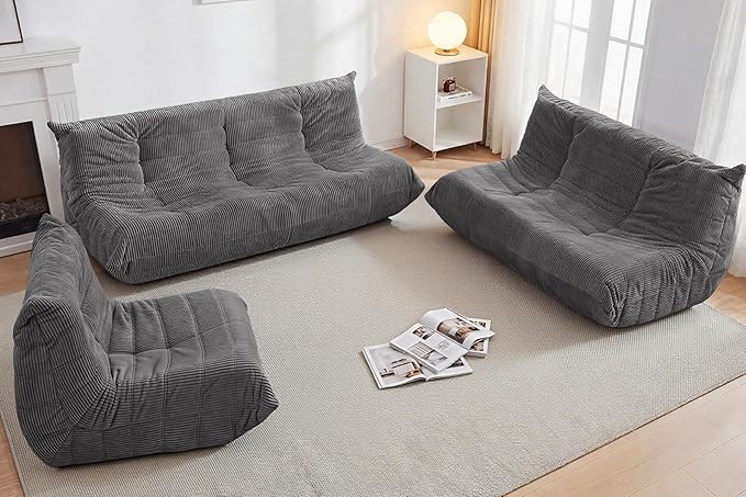 Bean Bag Chair,Giant Beanbag Chairs for Adults,Comfy Large Fireside Chair Lazy Sofa,Corduroy Bean Bag Lounger with Memory Foam Filled,Floor Sofa Couch for Living Room (Dark Grey, 3-Seater)