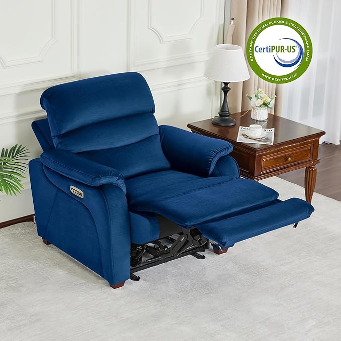 MCombo Power Zero Wall Hugger Recliner Chair for Small Space RV Living Room, Power Recliner with Adjustable Headrest, USB & USB-C Charging Ports, Fabric ST257 (Navy Blue)