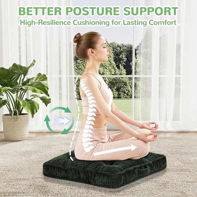 PRIMEPATIO Square Floor Pillow for Adults, Tufted Floor Cushion for Sitting, Large Meditation Cushion, Thick Corduroy Seat with Handle, Tatami Seating for Yoga, 24x24 Inch Green, 1Pack