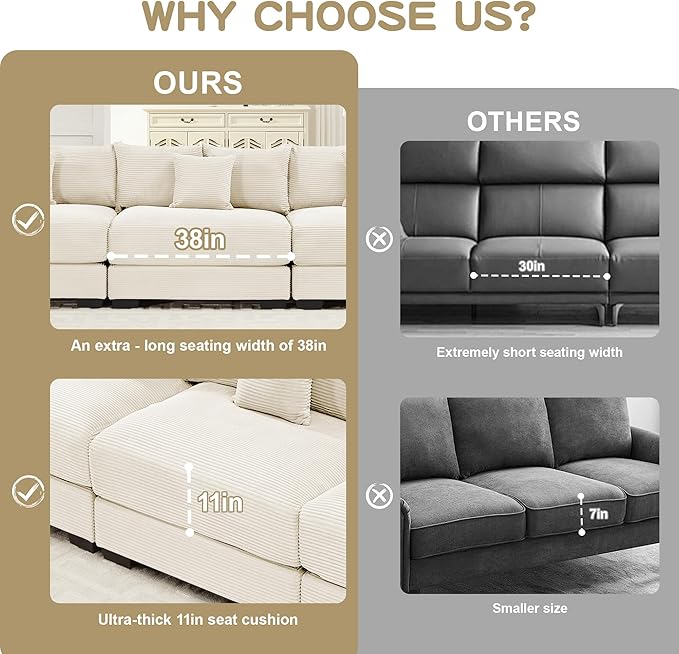 KEIKI 83" Oversized Corduroy Modular Sectional Loveseat Sofa with High-Density Foam Cushions, Extra-Thick Armrest, Upholstered Modern 2-Seater Fluffy Corner Couch with 6 Pillow, for Living Room, Beige