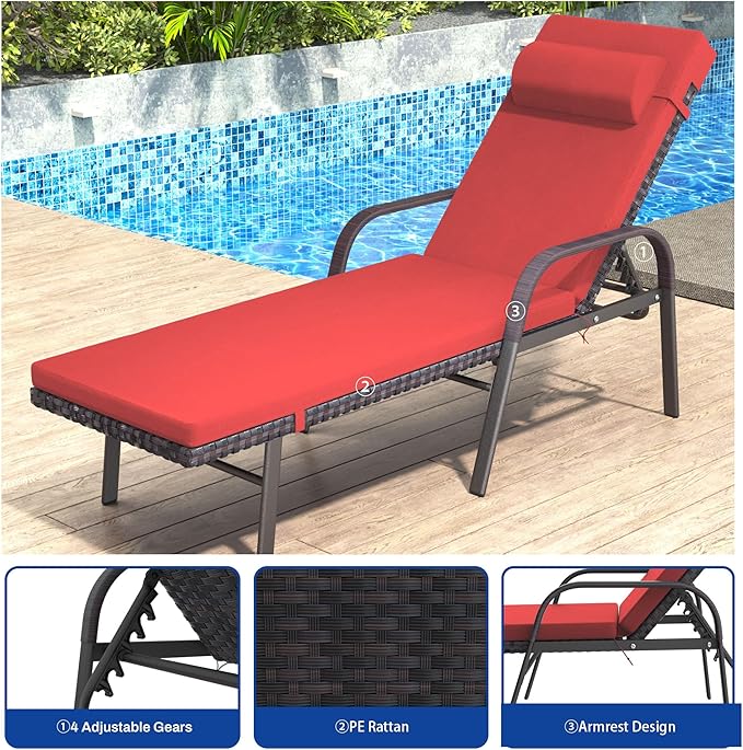 Trumbeak Patio Chaise Lounge Set 3 Pieces Pool Lounge Chairs,Cushioned Outdoor Folding Lounge Chair w/Arm and Rattan Adjustable Backrest for Poolside Porch,Folding Table Included,Red