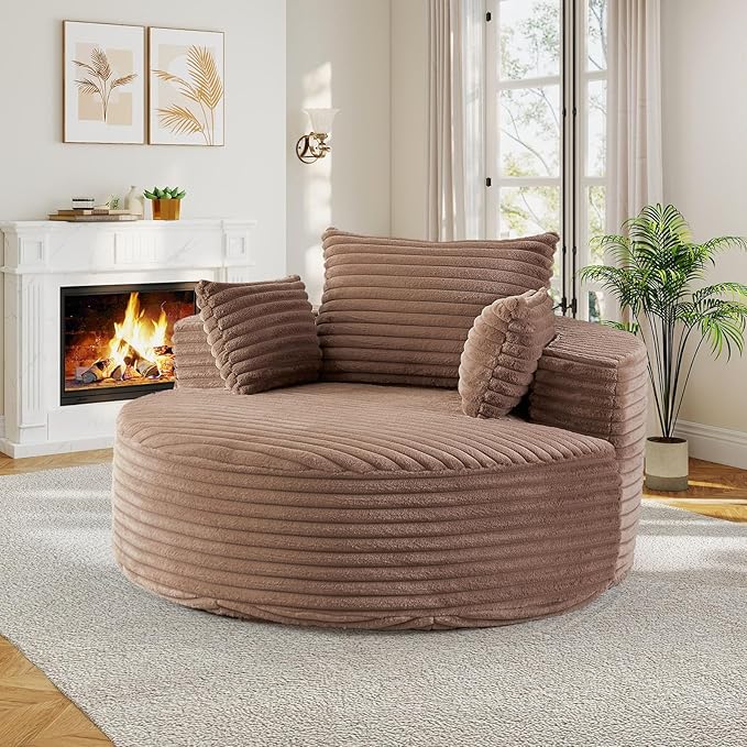 55"W Oversized Round Chair Lounge Chaise Indoor, Upholstered Comfy Circle Sofa Armchair, Modern Cozy Boneless Foam Floor Reading Chair for Living Room, Bedroom, No Assembly Required(Corduroy, Brown)