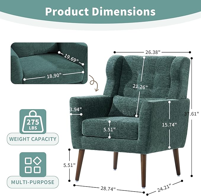 CHSICFOR Modern Accent Chair, Upholstered Arm Chair with Waist Pillow, Single Sofa Chair for Living Room Bedroom Small Spaces (Green)