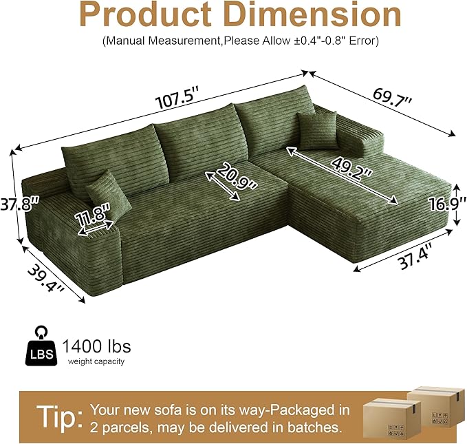 AUGOP 108" Sectional Couches for Living Room Modern Modular Sofa with L-Shape Couchs Upholstered Boneless Couch Deep Seat Sectional Couch with Chaise (Green, Right Facing Chaise+2Seaters)
