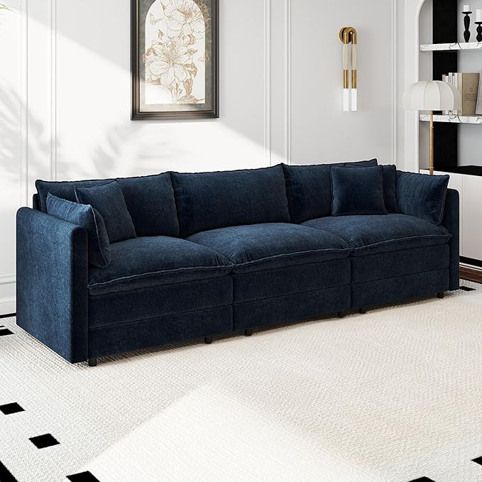 Aoowow Modular Sectional Sofa,112.2 Inch Deep 3-Seater Sofas Comfy Chenille Cloud Sofas and Couches with Pillows for Living Room Apartment（Blue）