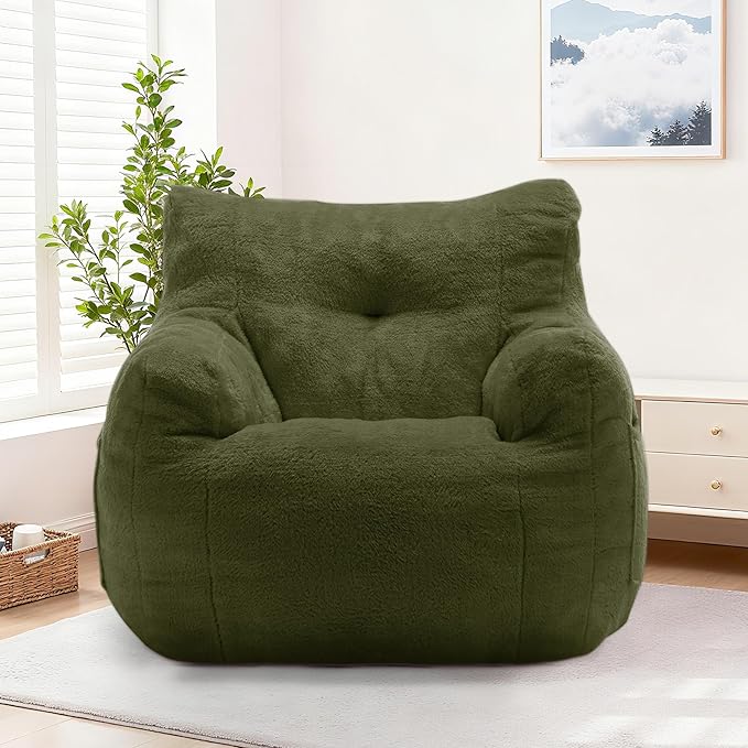 Bean Bag Chair, Comfy Bean Bag Sofa with Armrests & Back Support, Shredded Foam Filled Floor Couch for Adults, Fluffy Cloud Chair for Bedroom/Dorm/Reading, Single, Green