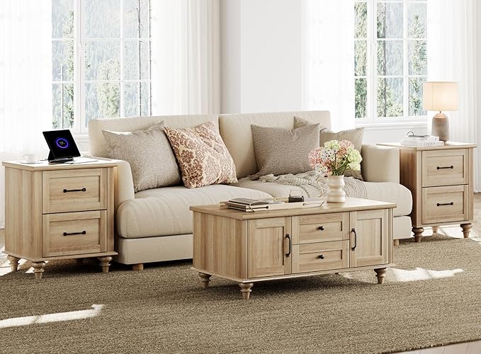 WAMPAT Oak Coffee Table with Drawer & Storage Cabinet, Farmhouse Rustic Center Table for Living Room, Rectangle Wooden Cocktail Table Tea Table for Home, Office