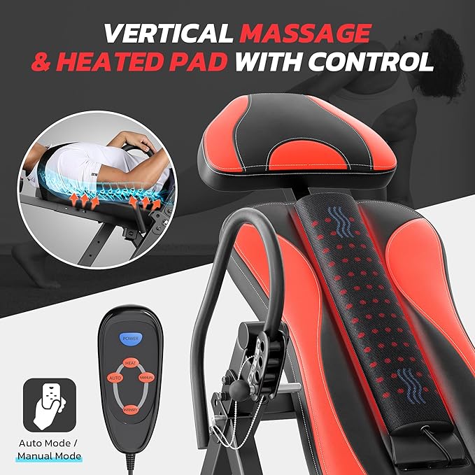 YOLEO Inversion Table Massage & Heat Inversion Table 2025 New Inversion Table for Back Pain Relief Equipment w/Remote Control, Reversible Ankle Holders, Heavy Duty up to 320lbs