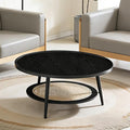 Saint Mossi Wood and Rattan Coffee Table for Living Room, Mid Century Modern Round Coffee Table, 2-Tier Boho Center Table for Small Space, Black Wood and Rattan Top, W31xH15