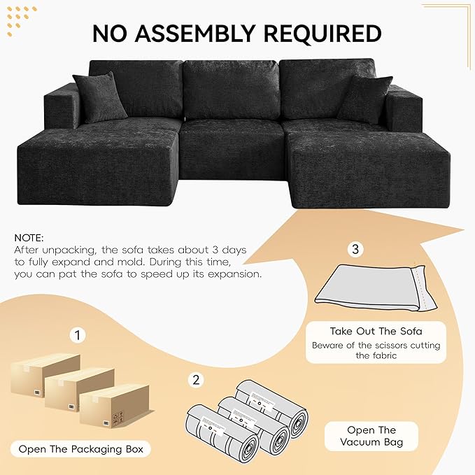 115'' U Shaped Boneless Sofa Couch, 3 Seater Modular Sectional Sofa with 2 Movealbe Ottoman, Chenille Convertible Sleeper Couch with Chaise for Living Room, Black