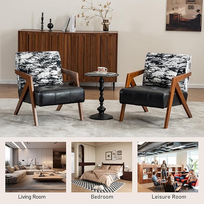 Mid-Century Modern Accent Chair with Solid Wood Frame，Upholstered Leather Living Room Arm Chairs with Pillow for Bedroom, Living Room, Reading Room, Balcony, Black