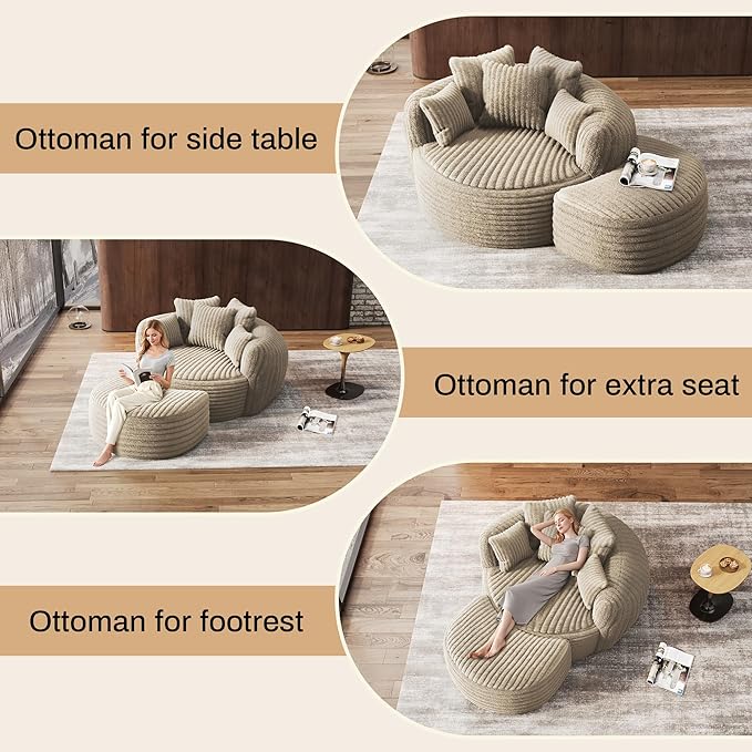 Oversized Chaise Lounge Chair Indoor with Ottoman 50.5" W x 67.0" D Round Soft Corduroy Comfy Oversized Reading Chair with 5 Pillows for Living, Reading Room - Camel