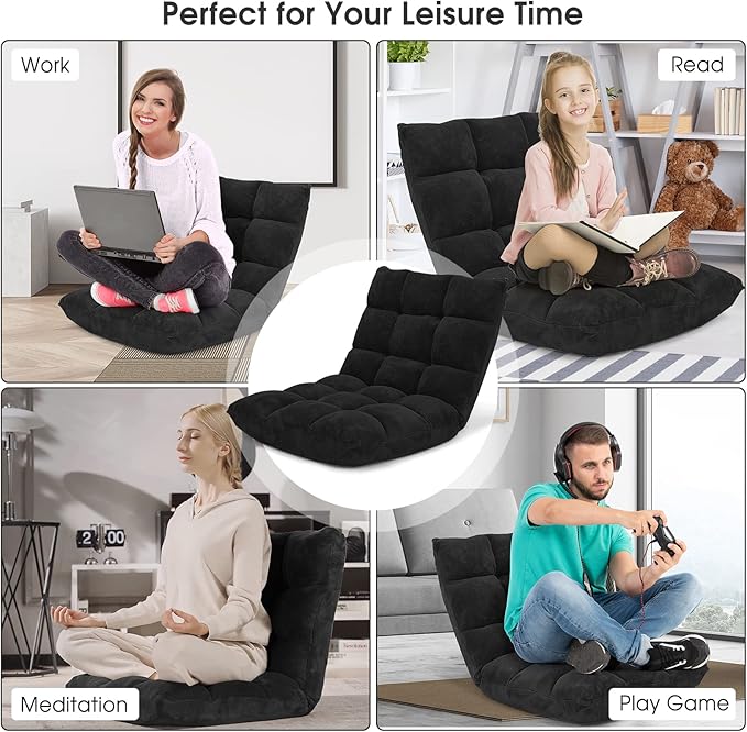 Floor Chair with Back Support, Foldling Gaming Sofa Chair with Comfy Cushion, Adjustable 14-Position Meditation Chairs, Lazy Lounge Recliner Reading Seat for Adults, Kids (Black)