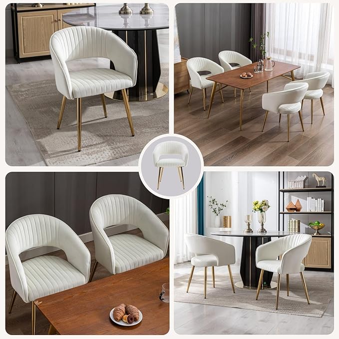 Cream Velvet Dining Chairs Gold Legs, Modern Dining Room Chairs with Arms Set of 2 Upholstered Accent Chair Armchair with Barrel Back for Kitchen Living Room