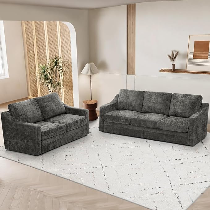 ACMEASE 2 Pieces Chenille Sofa Sets w/Comfortable Back Cushions, Modern Loveseat & Sofa w/Deep Seat Space, Upholstered 2 Seat & 3 Seats Couch Sets w/High Resiliency Foam for Living Room, Office Grey