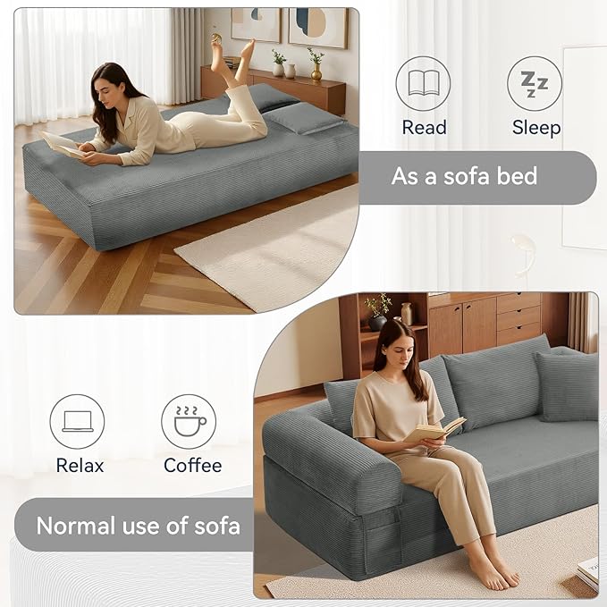 83" Sofa in a Box, 3 Seater Couch No Assembly Boneless Sofa Bed with Cushion Back 2 Pillows Deep Seat Corduroy Fabric Side Storage Pockets for Living Room, Bedroom, Apartment, Office, Light Grey