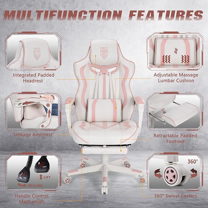 Vonesse Gaming Chair for Girls, Pink Computer Gaming Chairs for Adults, Reclining Gamer Chair with Footrest with Massage, Ergonomic Home Office Chair High Back (White/Pink)