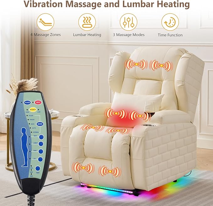 Wall Hugger Power Recliner Chair with Heat and Massage, Overstuffed Reclining Sofa Chair for Living Room Home Theater RV with 3-Side LED Lights/Cup Holders/USB & Type C Port (White)
