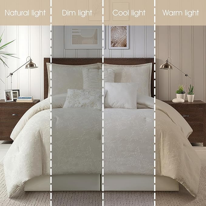 Grand Avenue Beige Cotton Blend Comforter Set, Elegant 7 Piece, Floral Jacquard King Size Bedding, All Season, Bedskirt, Pillows & Shams, Home Decor