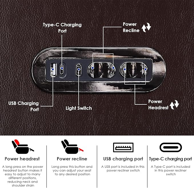 Weilianda Home Theater Seating Top Grain Leather Zero Gravity Recliner Chair Power Headrest Recline Movie Seat Gaming 7 Colors Mood Light Sofa with Tray Table USB Charge Row of 4 Loveseat Middle Brown