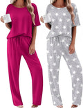 Ekouaer 2 Pack Womens Pajama Sets Short Sleeve Tops and Long Pants Casual Comfy Pjs Lounge Set with Pockets,S-XXL