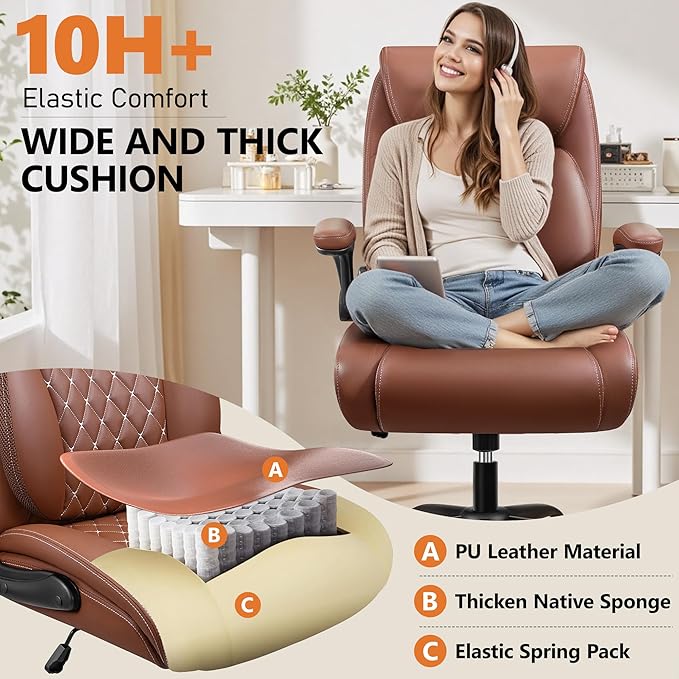 BESTFAIR Office Chair,Ergonomic Office Chair with Lumbar Support for Lower Back Pain Relief, Executive Leather Chair with Padded Flip-up Arms, Wheels and Adjustable Armrests, Brown