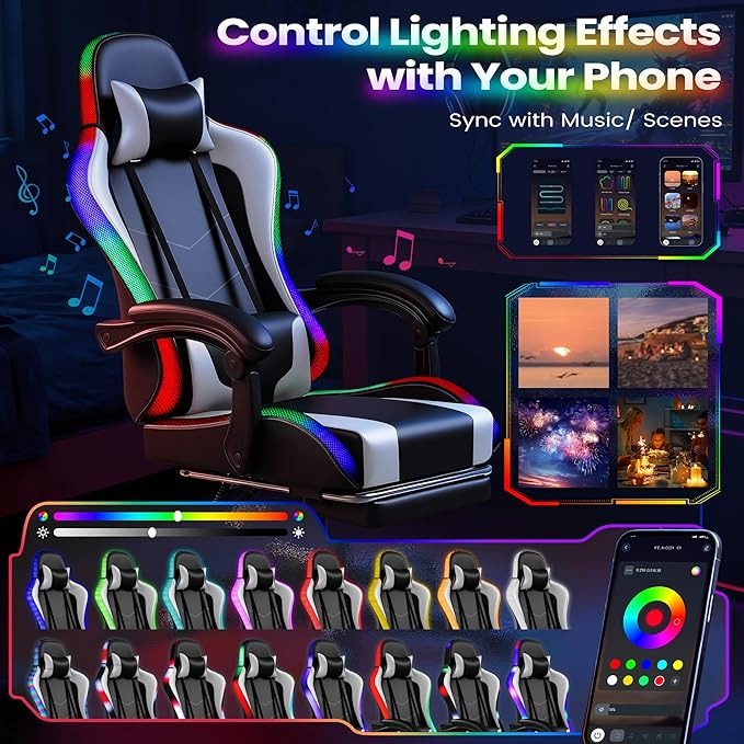 Homall Gaming Chair, Video Game Chair with Footrest and Massage Lumbar Support, Ergonomic Computer Chair Height Adjustable with Swivel Seat and Headrest (RGB Lvory)