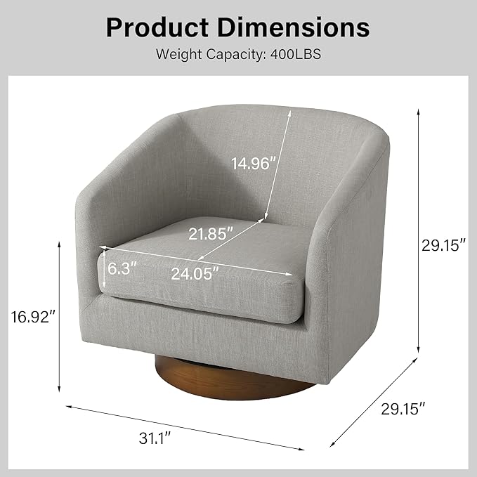 Swivel Barrel Chair, Modern Round PU Leather Accent Armchair for Living Room, Bedroom, Oversized Comfy Club Reading Chairs for Adults (Fabric Khaki, Set of 2)
