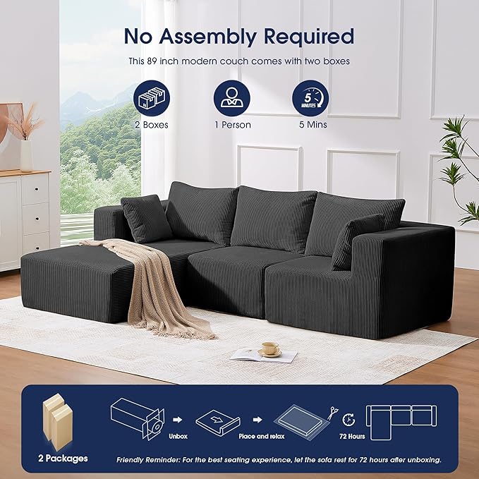 KINGYES 107'' Modular Sectional Sofa, L Shaped Cloud Couch for Living Room, Modern Boneless Sofa with Chaise for Bedroom, Soft Black