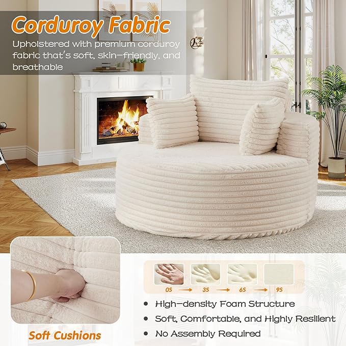 50"W Oversized Round Chaise Lounge Chair Indoor, Upholstered Corduroy Deep Seat Cloud Circle Sofa Chair, Modern Fluffy Comfy Floor Reading Armchair for Living Room, Bedroom, No Assembly Required,Beige