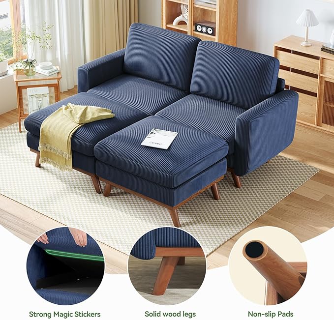 Vesgantti 68" Loveseat Sofa with Movable Ottoman, Comfy Corduroy Couch with Spring Cushion, Sofa Couch with Solid Wood, Modern Office Sofa with Deep Seat for Living Room and Bedroom, Dark Blue