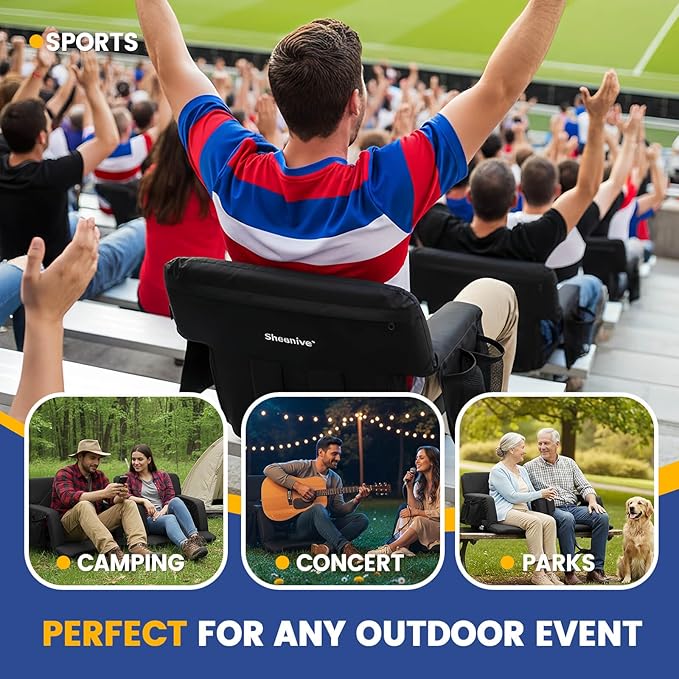 Sheenive Stadium Seat with Back Support Padded Bleacher Chairs with Back and Cushion, Portable Folding Bleacher Seat with Armrest, 6 Reclining Positions, Large Stadium Seat with Cup Holders & Pockets