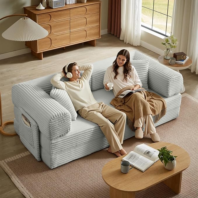 Chorlenimi Boneless Couch Futon Sofa Bed Sectional Couches for Living Room,Cloud Couch with Sleeper Sofa,Sofas for Living Room Oversized Corduroy Upholstered (Light Grey, 81 Inches (with Iron Frame))