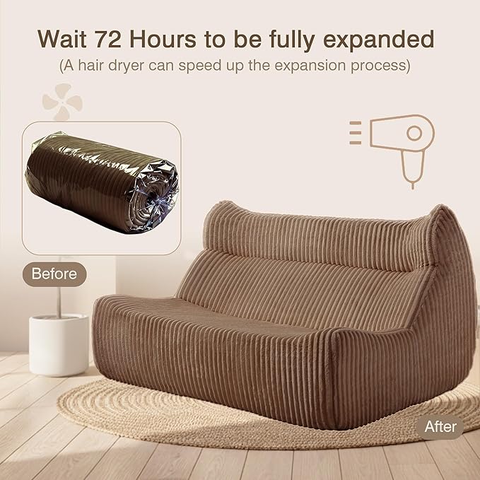 Big Bean Bag Chairs, Lazy Floor Sofa, Fireside Chair for Living Room, Bedroom, Office (Brown, Loveseat)