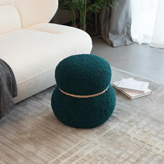 14.56" Snowman Shape Ottoman, Small Foot Stool, Cute Teddy Pouf Footrest, Foot Rest for Couch Sofa, Modern Soft Round Boucle Ottoman Under Desk for Living Room,Apartment,Small Space (Green)