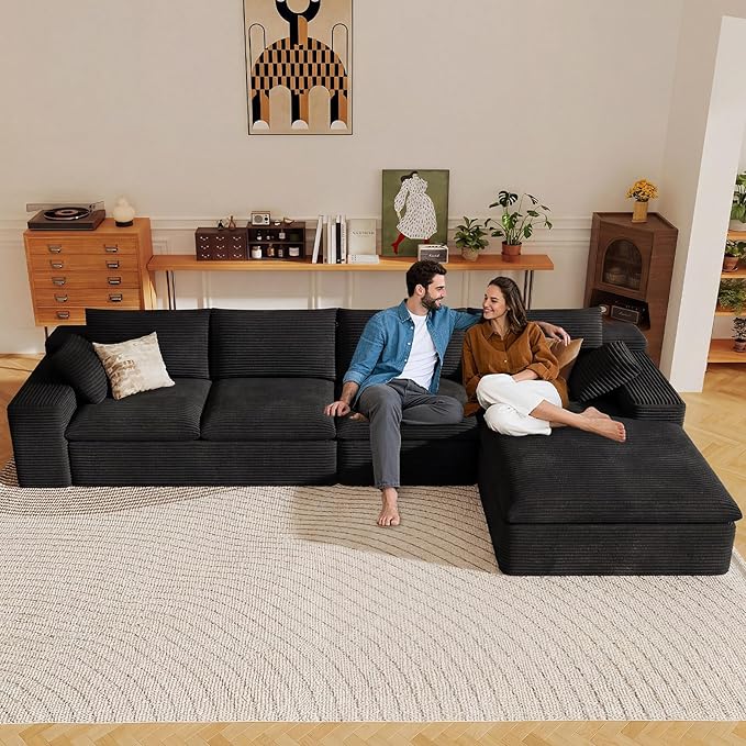 136" Cloud Sectional Couch with L-Shape Chaise, Modern Corduroy Viral Boneless Sofa for Living Room,Memory Foam Couches in a Box with Deep Seat,No Assembly Required (Black,Right-Facing Chaise)