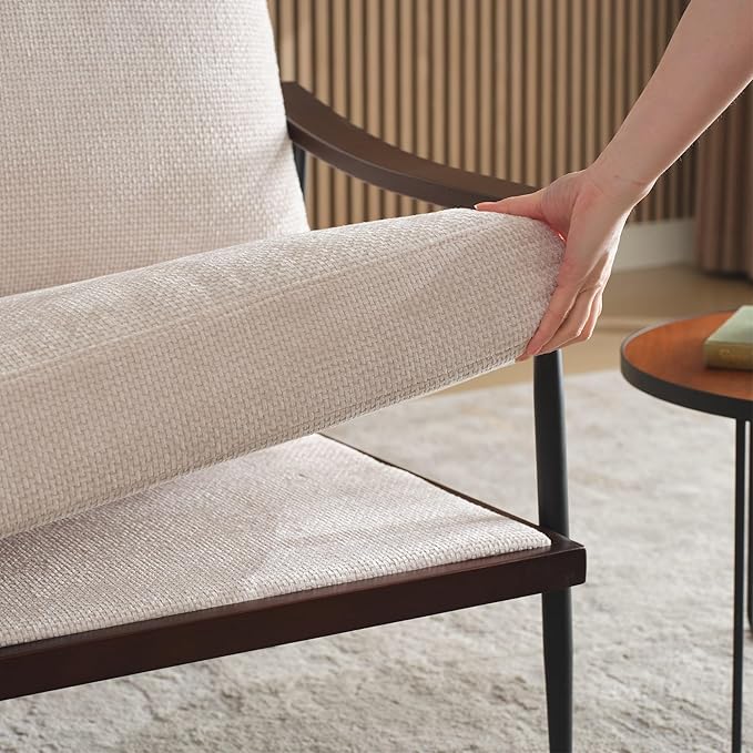 Furrnook Modern Accent Chair, Mid Century Modern Accent Chairs, Linen Fabric Arm Chair with Wood Armrests, Upholstered Leisure Chair for Living Room, Bedroom, Reception Room, White