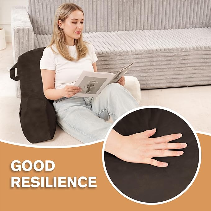 Unisakey Portable Comfy Reading Pillows for Bed Sitting Up(Brown Oeko-Tex), Velvet Back Pillow with Arms & Pockets for Adults, Support Memory Foam Bed Pillow for Dorm/Reading/Watching/Gaming