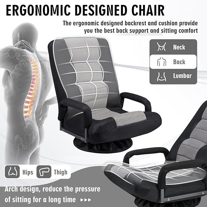 Swivel Floor Gaming Chair w/Armrests,Folding Video Reclining Sofa w/6 Adjustable Position, Padded Backrest & Cushion, Lazy Lounger Couch for E-Sports, Reading, Relaxing, Watching TV, Grey