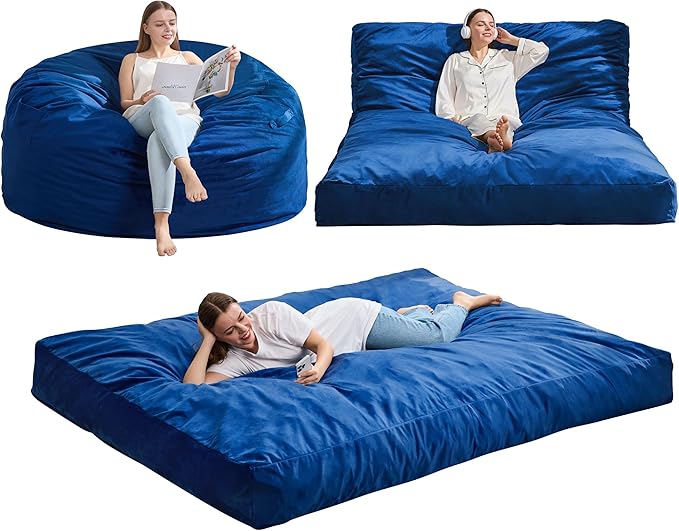 Hobestluk Giant Bean Bag Chair Bed for Adults, Large Bean Bags with High-Density Foam Filling, Convertible Big Sofa Bed Couch for Living Room, Bedroom, Playroom (Blue, Queen)