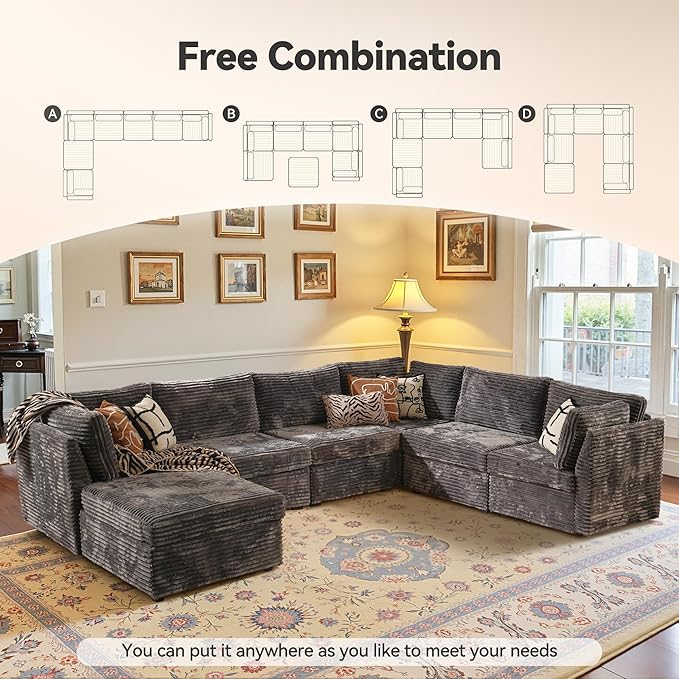 CAODOC Large 7 Seat Modular Sectional Sofa with Ottoman Seat Corduroy Sleeper Sectional Sofa Bed Oversized Convertible Modular Couch for Living Room