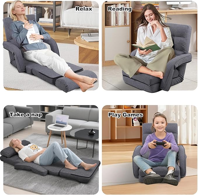 DeeLyan Indoor Floor Chair with Armrest and Pillow Folding Chaise Lounge Sofa 14-Position Adjustable Comfy Gaming Recliner Chair Padded Seats for Adults (Grey)
