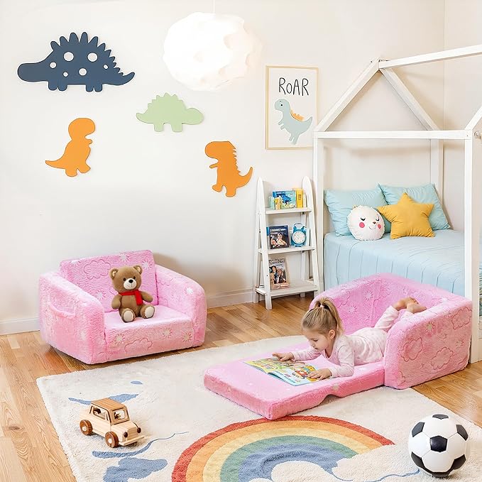 Lamerge 2-in-1 Soft Toddler Couch Fold Out,Foldable Toddler Chair, Glow in The Dark Kids Sofa for playroom,Convertible Foam and Floor Cushion for Boys and Girls (Pink and Clouds)