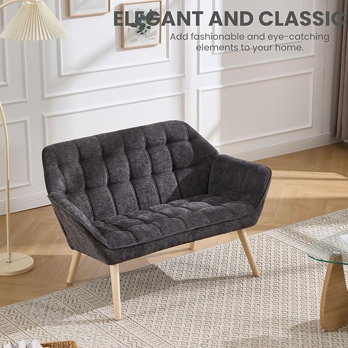 48" Small Couches for Living Room, Mid Century Modern Loveseat with Wood Legs 2-Seat Chenille Upholstered Sofa Tufted Couches for Small Space, Apartment, Dorm, Dark Gray