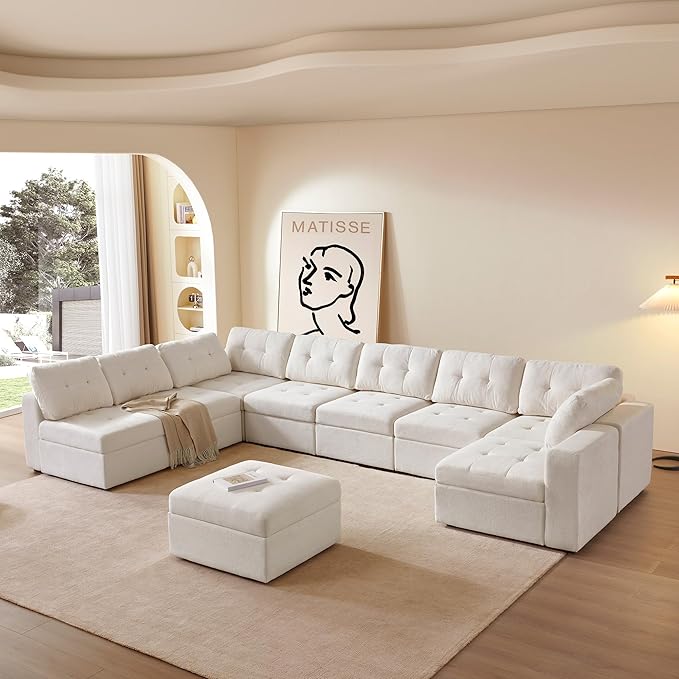ORRD Oversize Modular Sectional Couch, Convertible U Shaped Sofa with Storage, 9 Seater Sofa Modular with Ottomans and Reversible Chaise for Living Room, Office (Beige White)