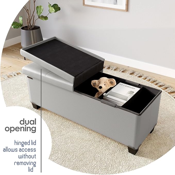 Storage Ottoman Bench with Bins, 43-in Storage Bench for Bedroom End of Bed, Folding Foot Rest Ottoman for Living Room Max 660lbs, Faux Leather Ottomans, Light Grey