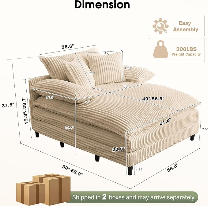 54.8" W Oversized Chaise Lounge Chair Indoor with 5-Position Adjustable Backrest, Corduroy Sleeper Sofa Bed with 3 Pillows, Modern Cloud Couch Chair for Living Room, Bedroom, Khaki